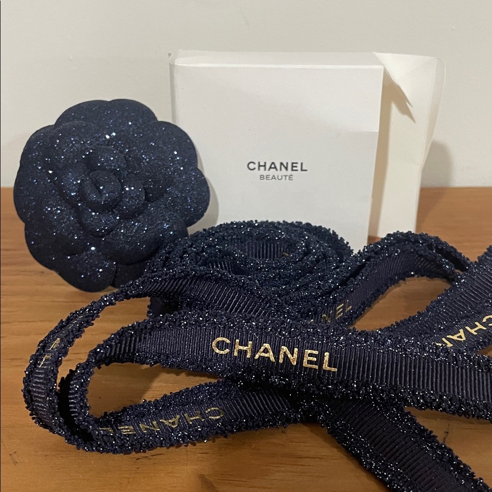 🌼 CHANEL 6 FEET of RIBBON W/ Midnight Glitter Camellia BROOCH